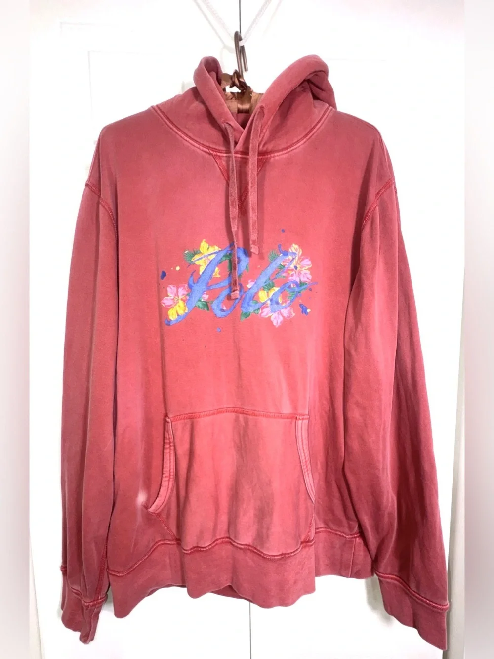 POLO Ralph Lauren Tropical painted Floral script Logo Fleece Hoodie Size Large